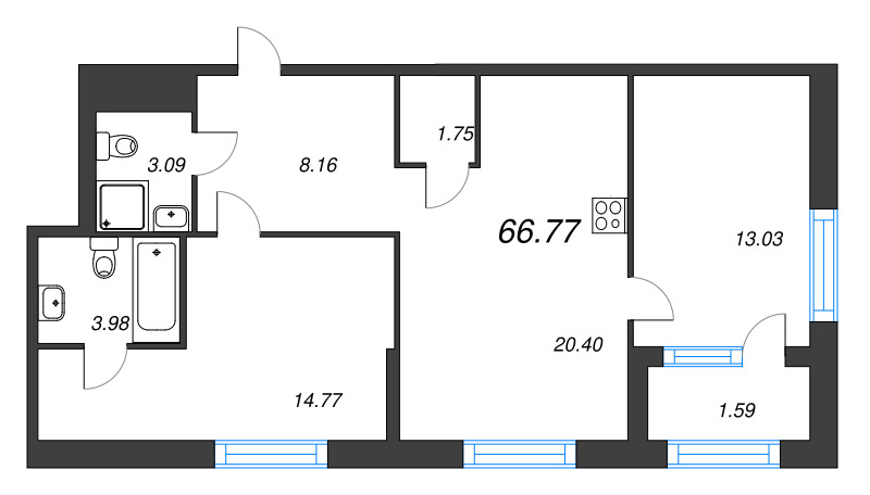 3-комнатная (Евро) квартира, 66.77 м² - планировка, фото №1