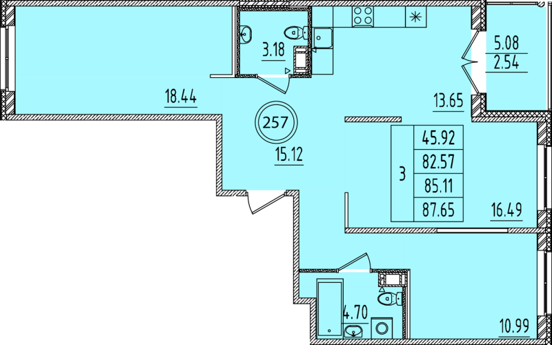 3-комнатная квартира, 82.57 м² - планировка, фото №1