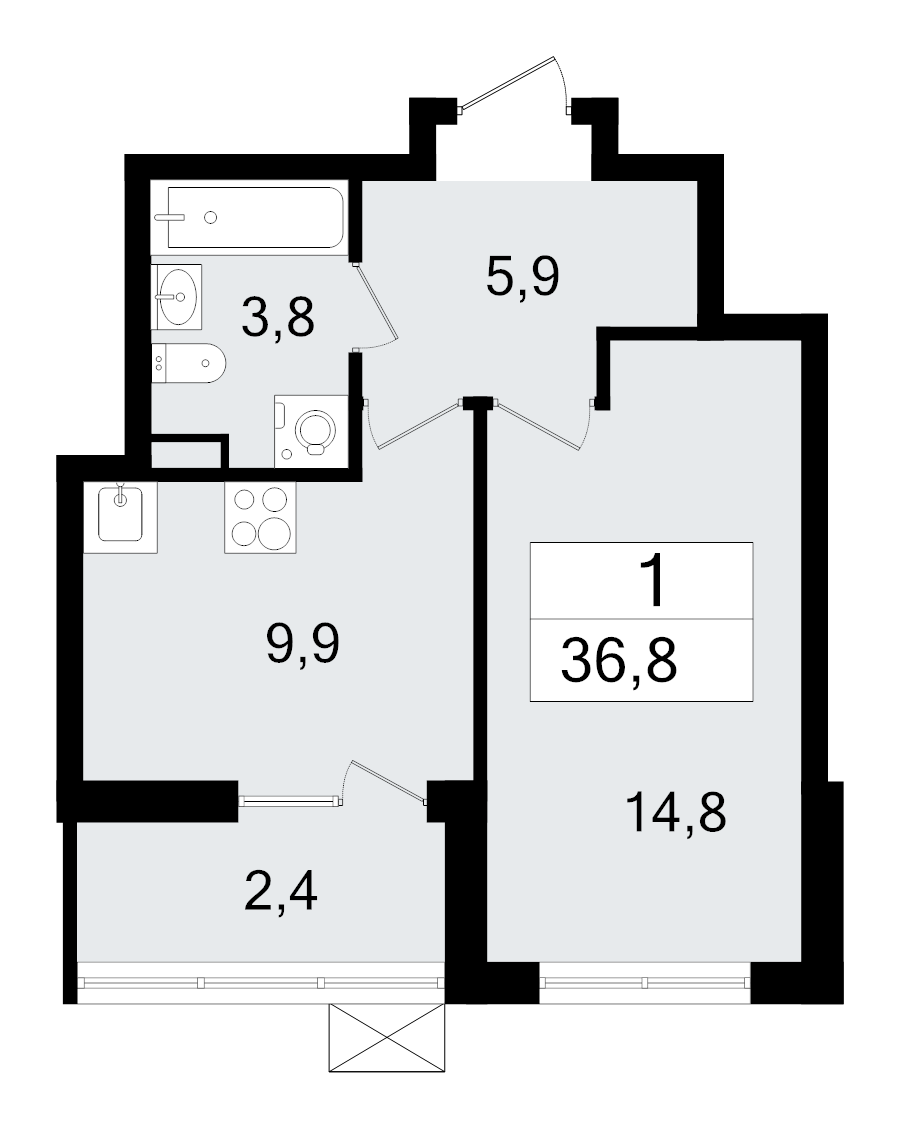 1-комнатная квартира, 36.7 м² - планировка, фото №1