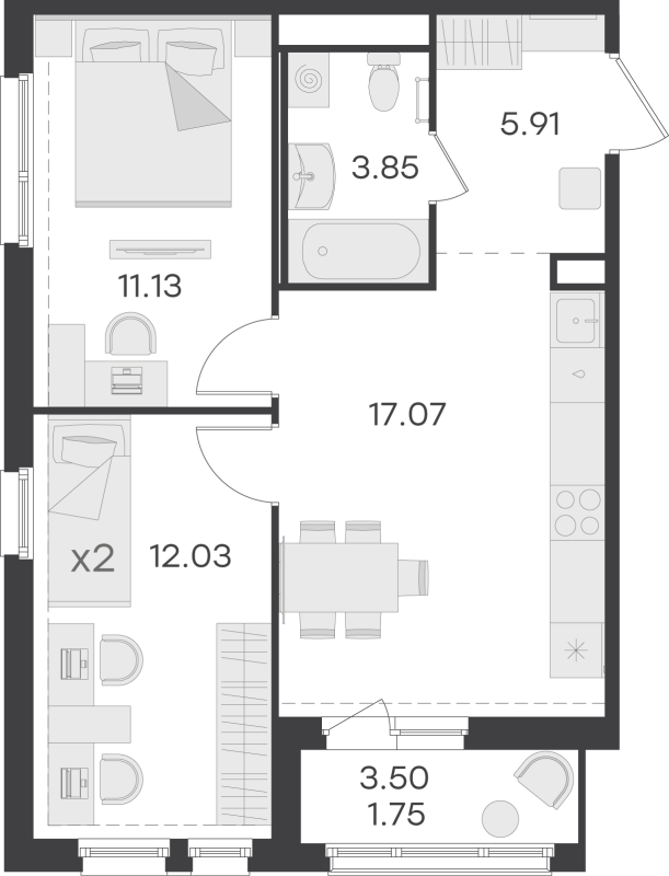 3-комнатная (Евро) квартира, 51.74 м² - планировка, фото №1