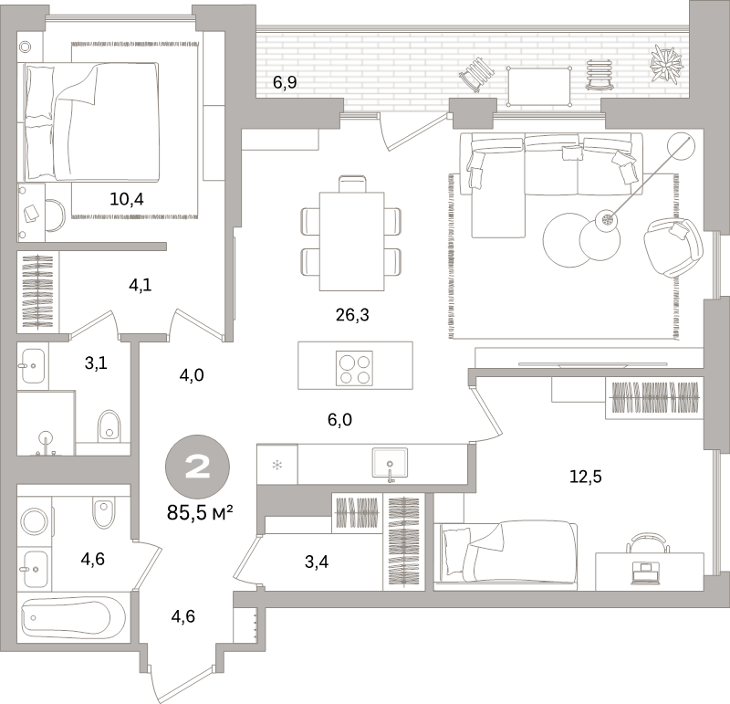 2-комнатная квартира, 85.5 м² в ЖК "Северный ветер" - планировка, фото №1