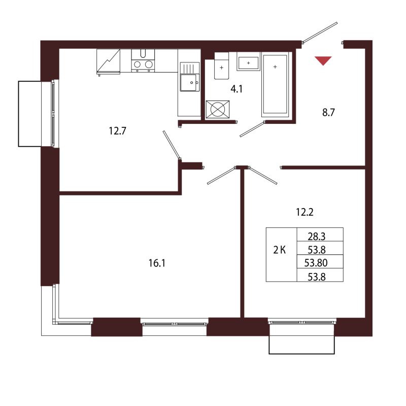 2-комнатная квартира, 53.8 м² - планировка, фото №1