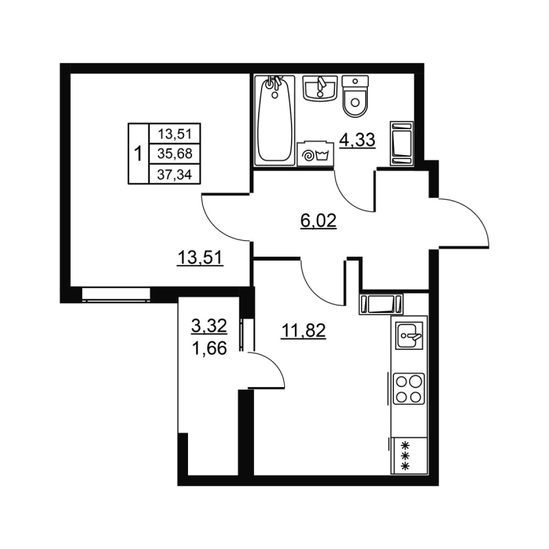 1-комнатная квартира, 37.34 м² в ЖК "Высота. Новодевяткино" - планировка, фото №1