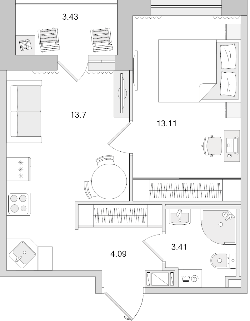 1-комнатная квартира, 37.74 м² в ЖК "Dreamline" - планировка, фото №1