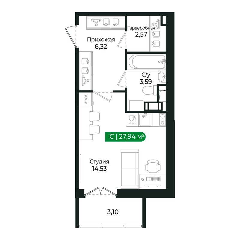 Квартира-студия, 27.1 м² в ЖК "Сертолово Парк" - планировка, фото №1