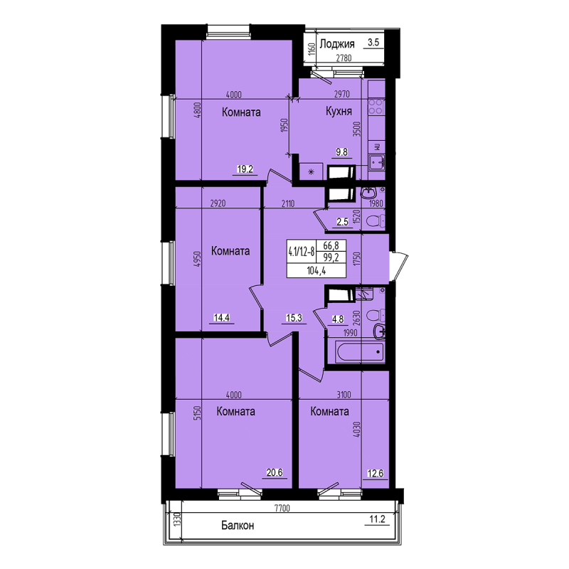 4-комнатная квартира, 104.4 м² - планировка, фото №1