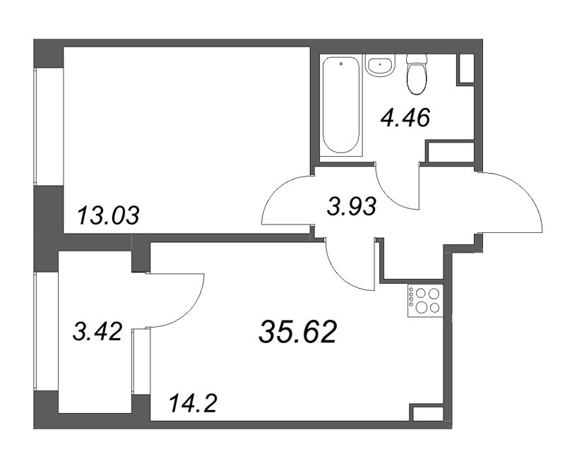 1-комнатная квартира, 35.62 м² в ЖК "Дом на Курской" - планировка, фото №1