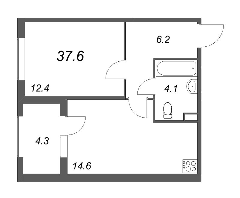 1-комнатная квартира, 37.6 м² - планировка, фото №1