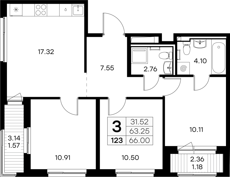 4-комнатная (Евро) квартира, 66 м² - планировка, фото №1