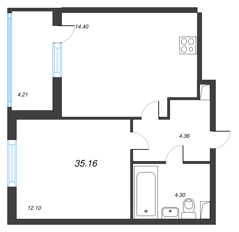 1-комнатная квартира, 35.16 м² - планировка, фото №1