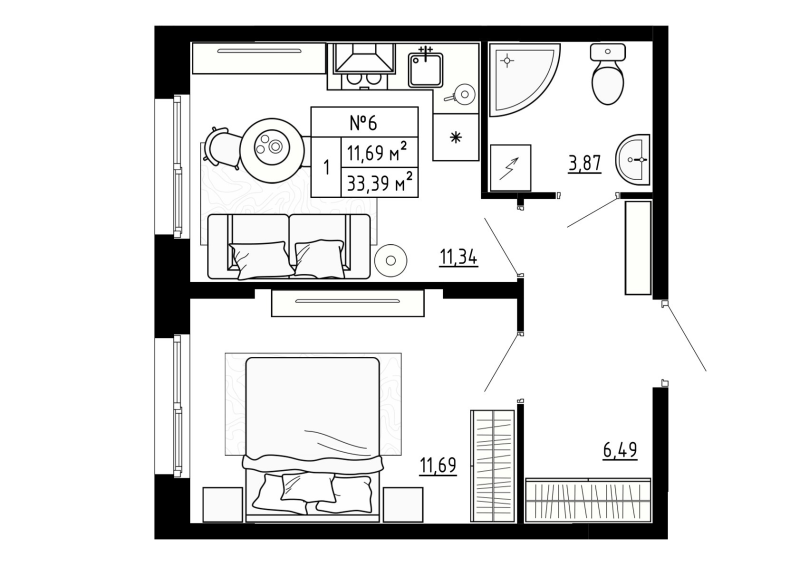 1-комнатная квартира, 33.39 м² - планировка, фото №1