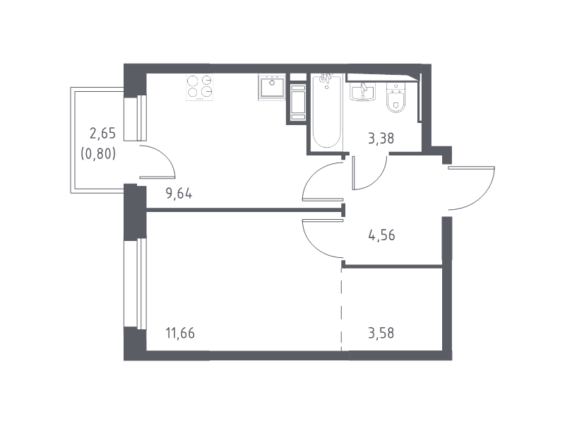1-комнатная квартира, 33.62 м² в ЖК "Новые Лаврики" - планировка, фото №1