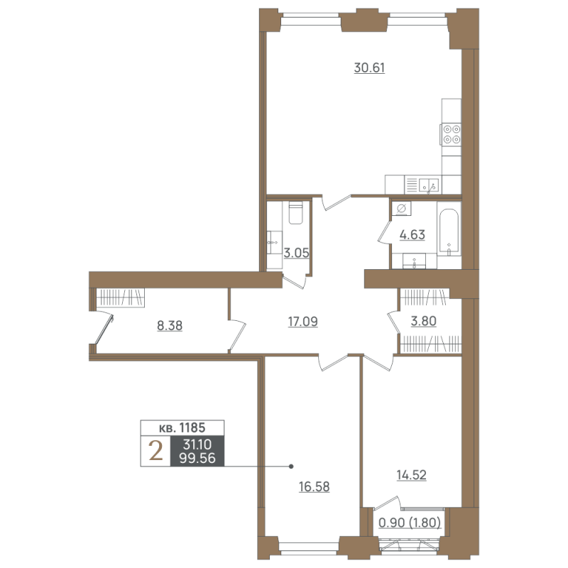3-комнатная (Евро) квартира, 99.56 м² в ЖК "Landrin Loft Prime estate" - планировка, фото №1