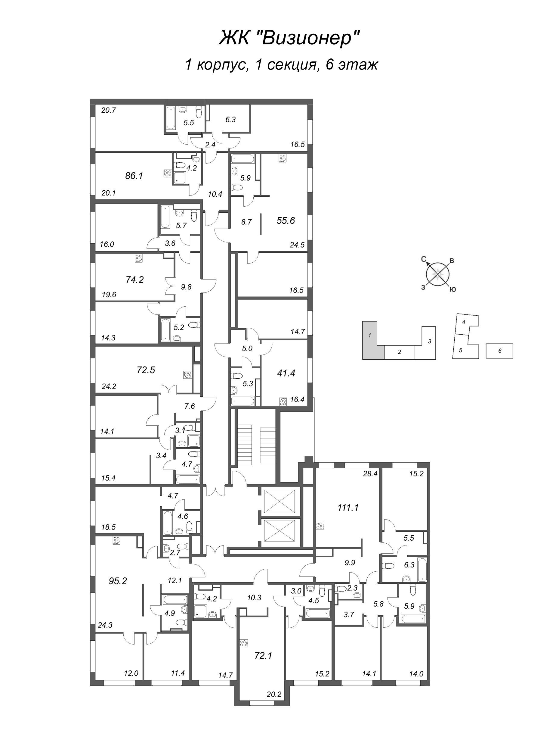 2-комнатная (Евро) квартира, 41.5 м² в ЖК "Визионер" - планировка этажа