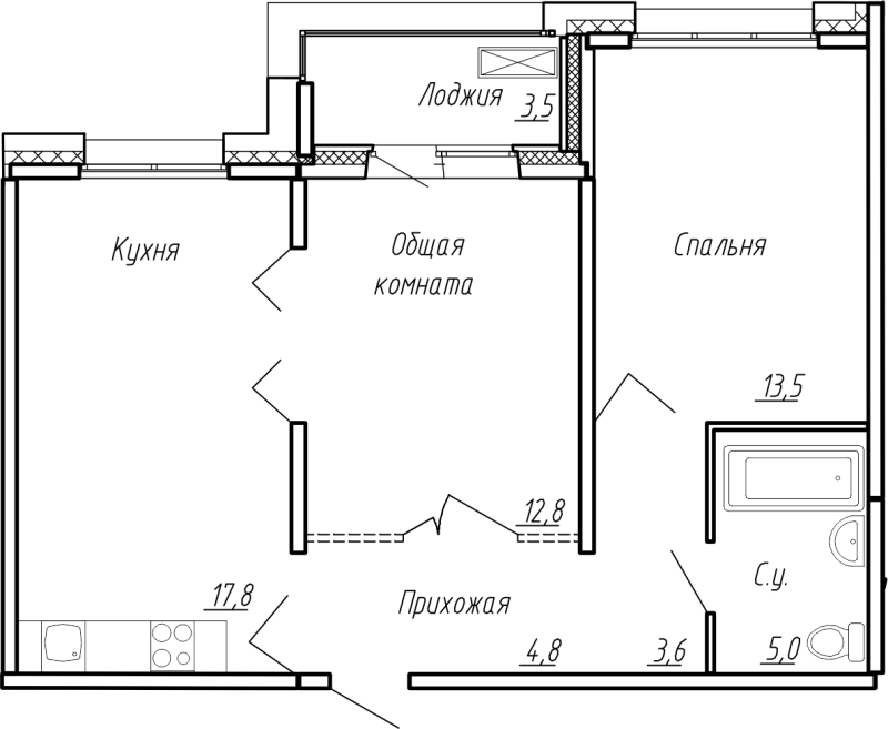 3-комнатная (Евро) квартира, 61 м² в ЖК "Сибирь" - планировка, фото №1