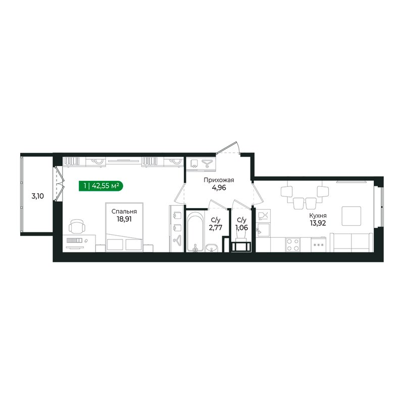 1-комнатная квартира, 41.6 м² в ЖК "Сертолово Парк" - планировка, фото №1