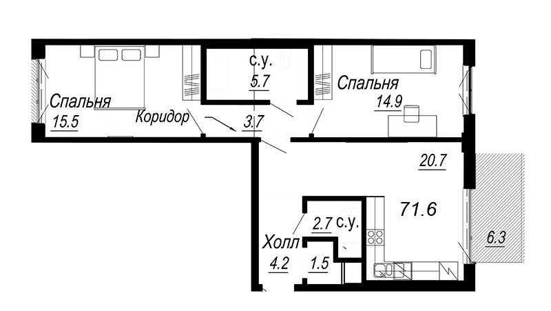 3-комнатная (Евро) квартира, 70.7 м² - планировка, фото №1
