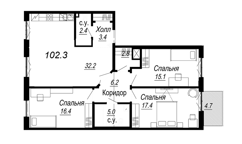 3-комнатная квартира, 106.31 м² - планировка, фото №1