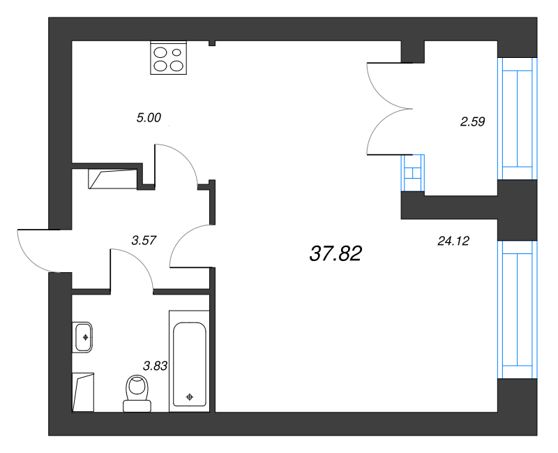 1-комнатная квартира, 41 м² - планировка, фото №1