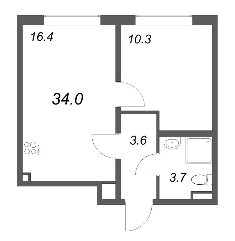2-комнатная (Евро) квартира, 34 м² в ЖК "Пулково Lake" - планировка, фото №1