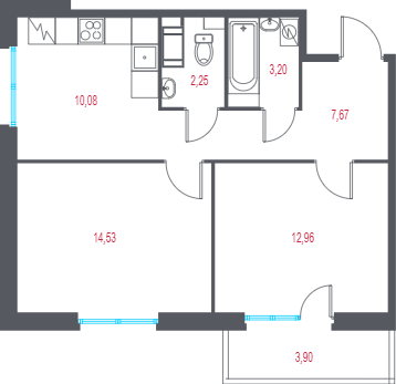 2-комнатная квартира, 51.86 м² в ЖК "Город-спутник Южный" - планировка, фото №1