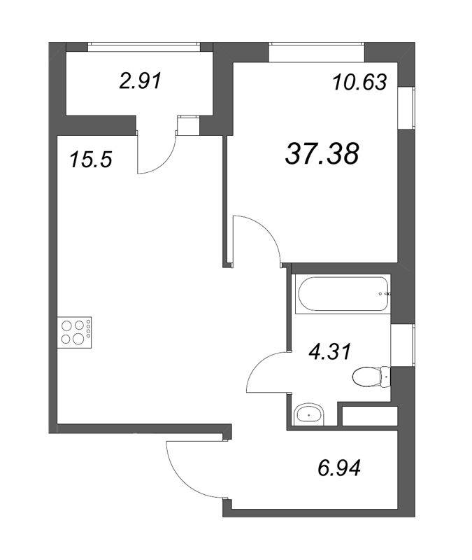2-комнатная (Евро) квартира, 37.38 м² в ЖК "Мурино Space" - планировка, фото №1