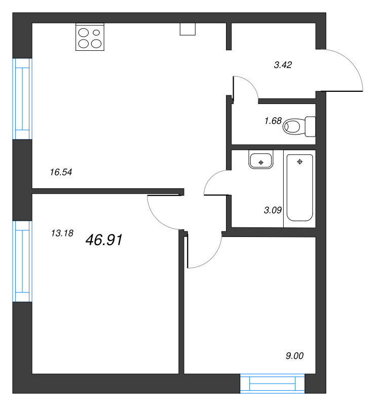 3-комнатная (Евро) квартира, 46.91 м² - планировка, фото №1