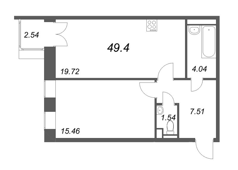 2-комнатная (Евро) квартира, 49.4 м² - планировка, фото №1