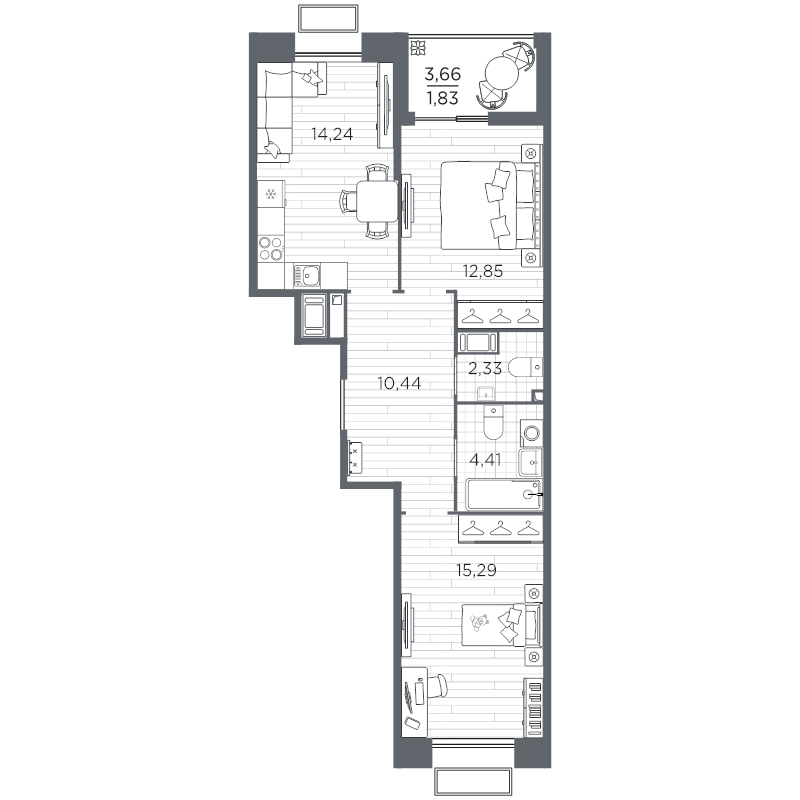 2-комнатная квартира, 61.39 м² в ЖК "Респект" - планировка, фото №1
