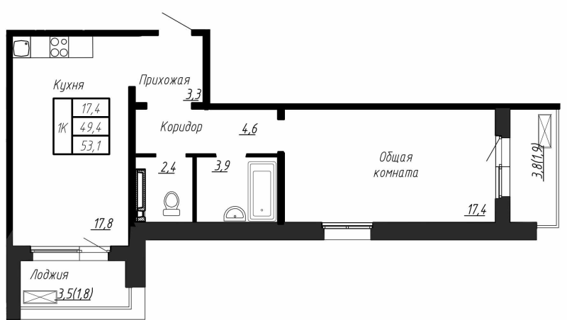 2-комнатная (Евро) квартира, 53.1 м² в ЖК "Сибирь" - планировка, фото №1