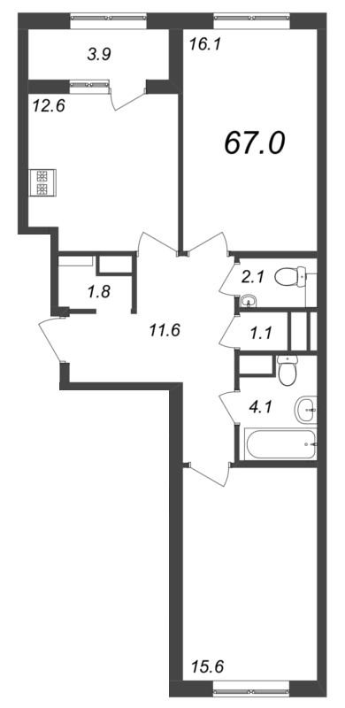 2-комнатная квартира, 66.9 м² - планировка, фото №1
