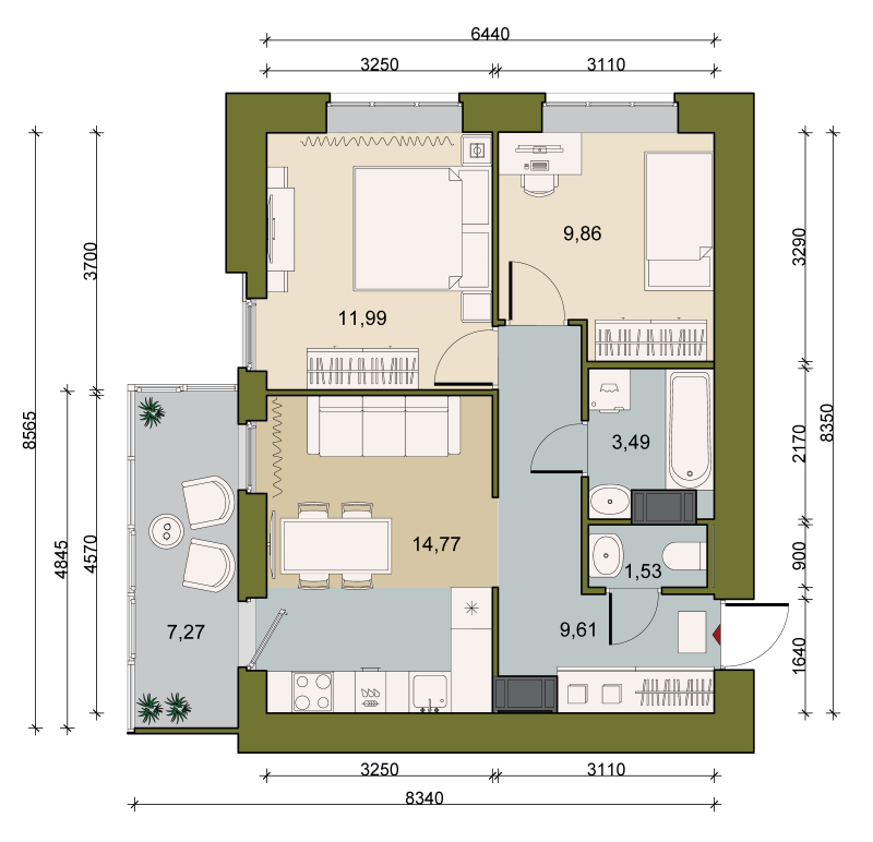 2-комнатная квартира, 53.02 м² в ЖК "Уютный" - планировка, фото №1