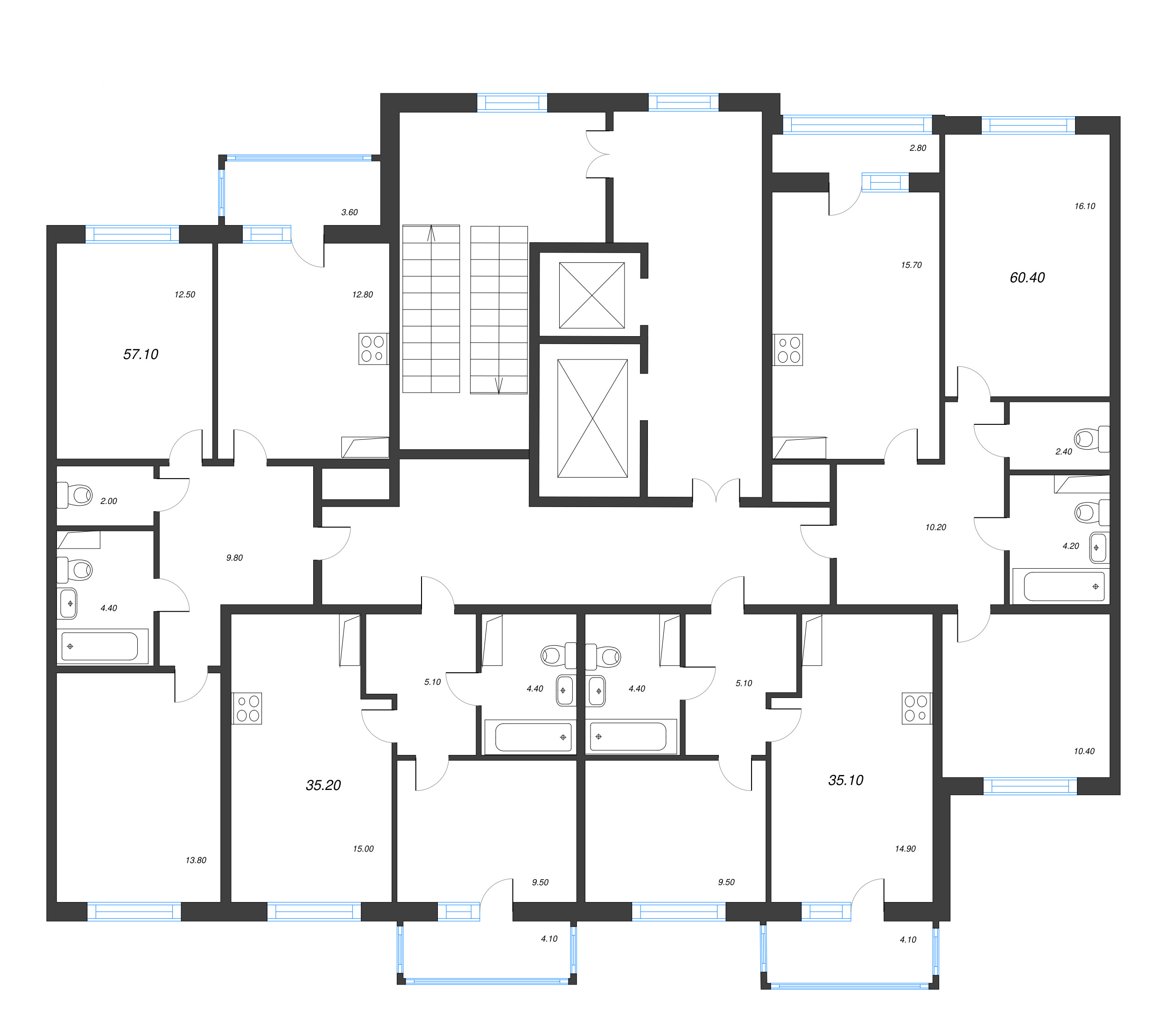 2-комнатная квартира, 57.1 м² - планировка этажа