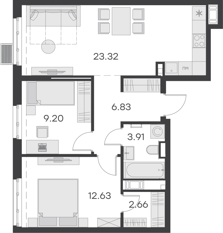 3-комнатная (Евро) квартира, 58.55 м² в ЖК "GloraX Балтийская" - планировка, фото №1