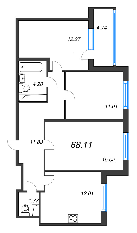 3-комнатная квартира, 68.11 м² в ЖК "ЮгТаун" - планировка, фото №1