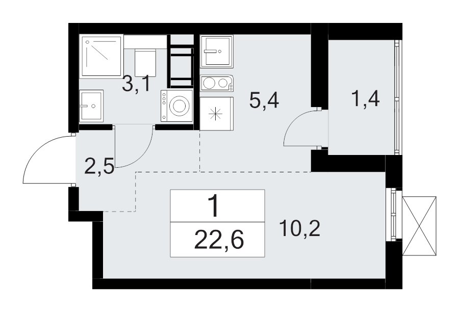Квартира-студия, 22.6 м² - планировка, фото №1