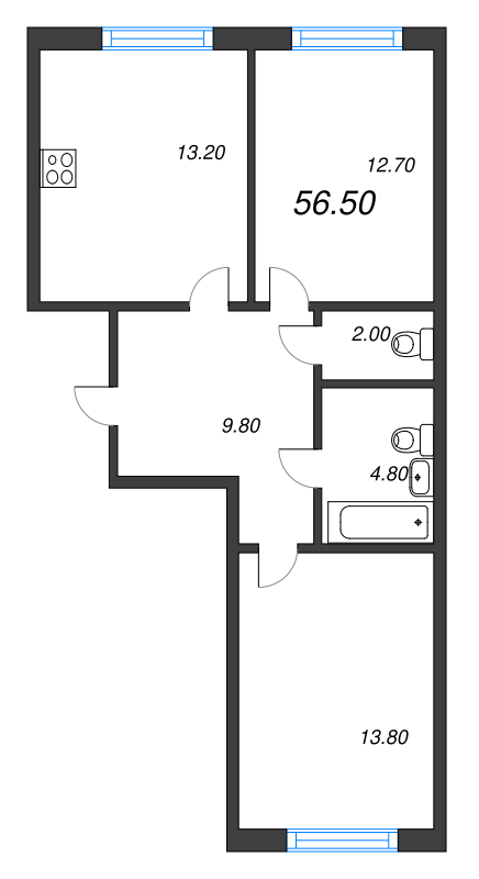 2-комнатная квартира, 56.5 м² - планировка, фото №1