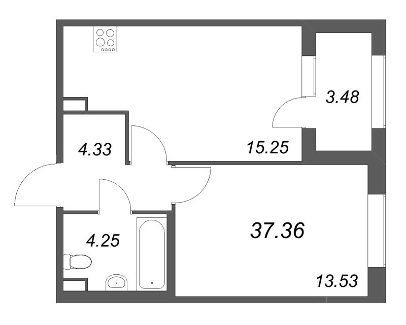 2-комнатная (Евро) квартира, 37.36 м² в ЖК "Дубровский" - планировка, фото №1
