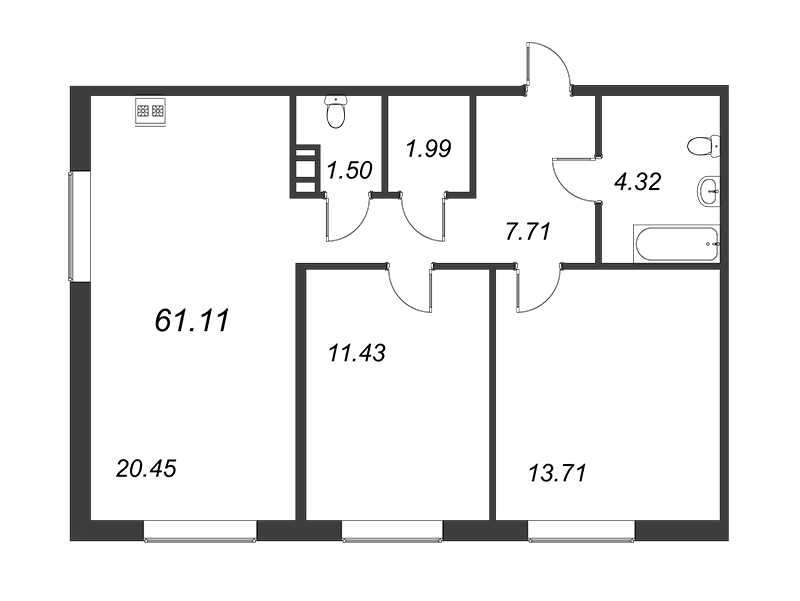 3-комнатная (Евро) квартира, 61.11 м² - планировка, фото №1