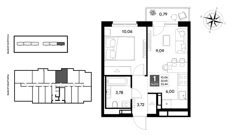 2-комнатная (Евро) квартира, 33.44 м² - планировка, фото №1