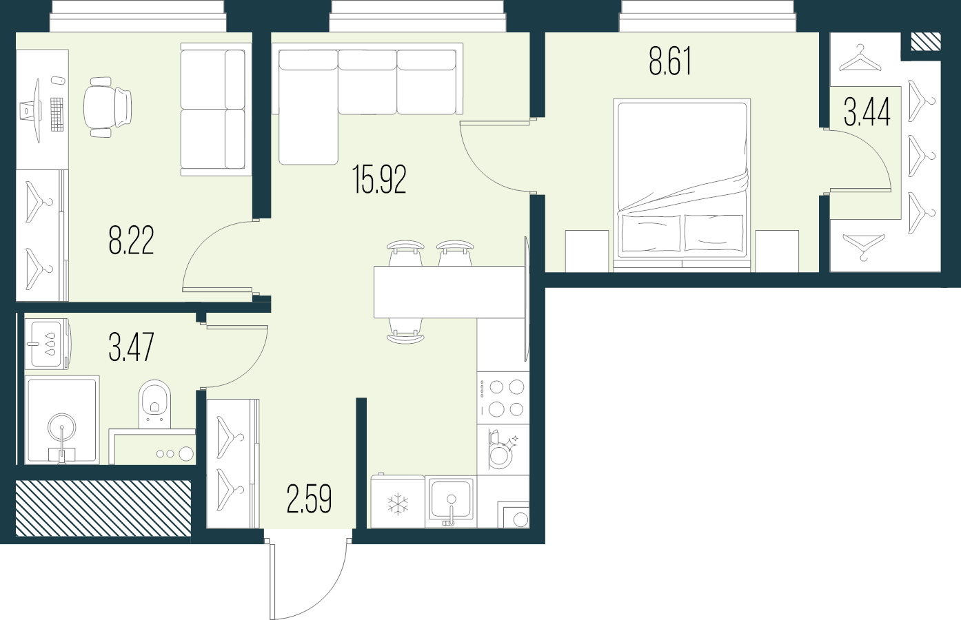 3-комнатная (Евро) квартира, 42.25 м² в ЖК "Новая Земля" - планировка, фото №1