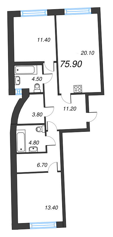 3-комнатная (Евро) квартира, 75.9 м² в ЖК "Цвет Зеленогорска" - планировка, фото №1