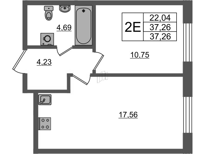 2-комнатная (Евро) квартира, 37.25 м² в ЖК "Аквилон Янино" - планировка, фото №1