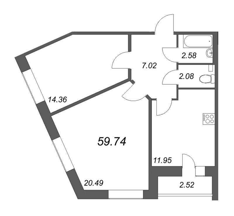 2-комнатная квартира, 59.74 м² - планировка, фото №1