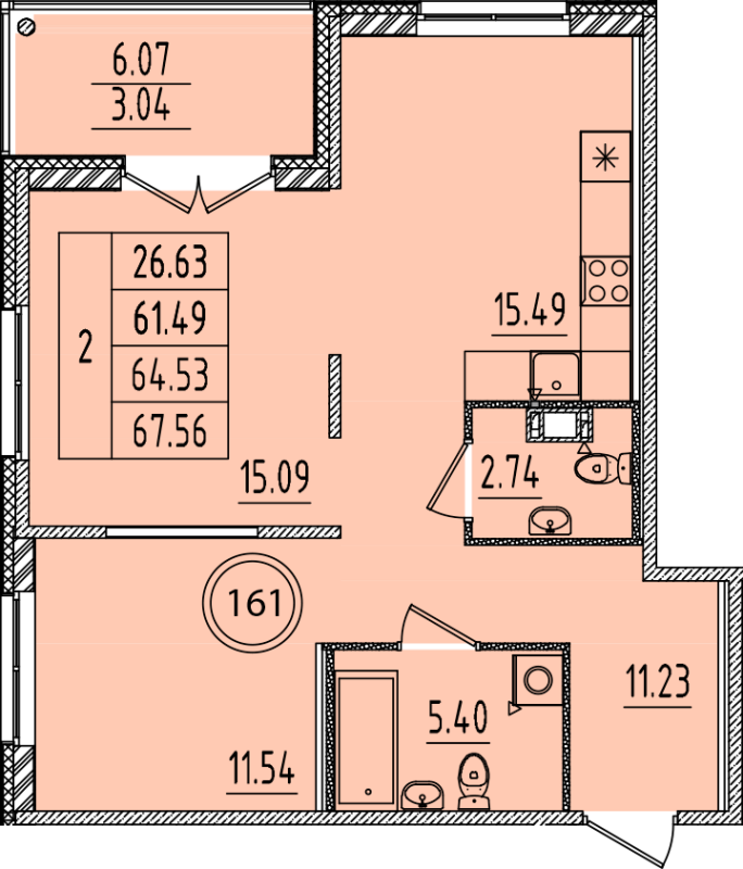 2-комнатная квартира, 61.49 м² - планировка, фото №1
