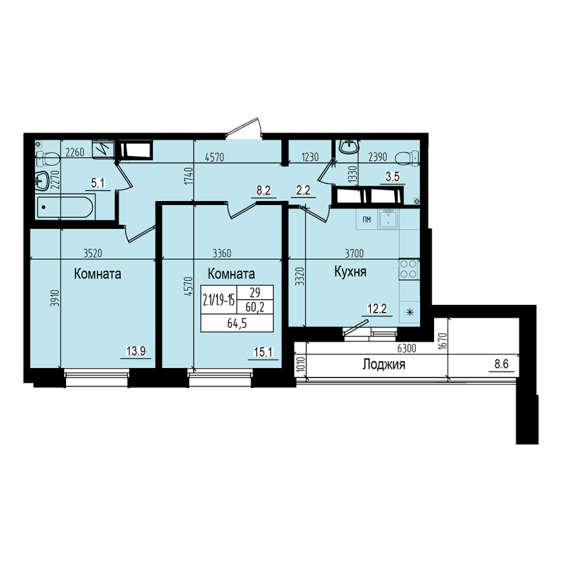 2-комнатная квартира, 64.5 м² - планировка, фото №1