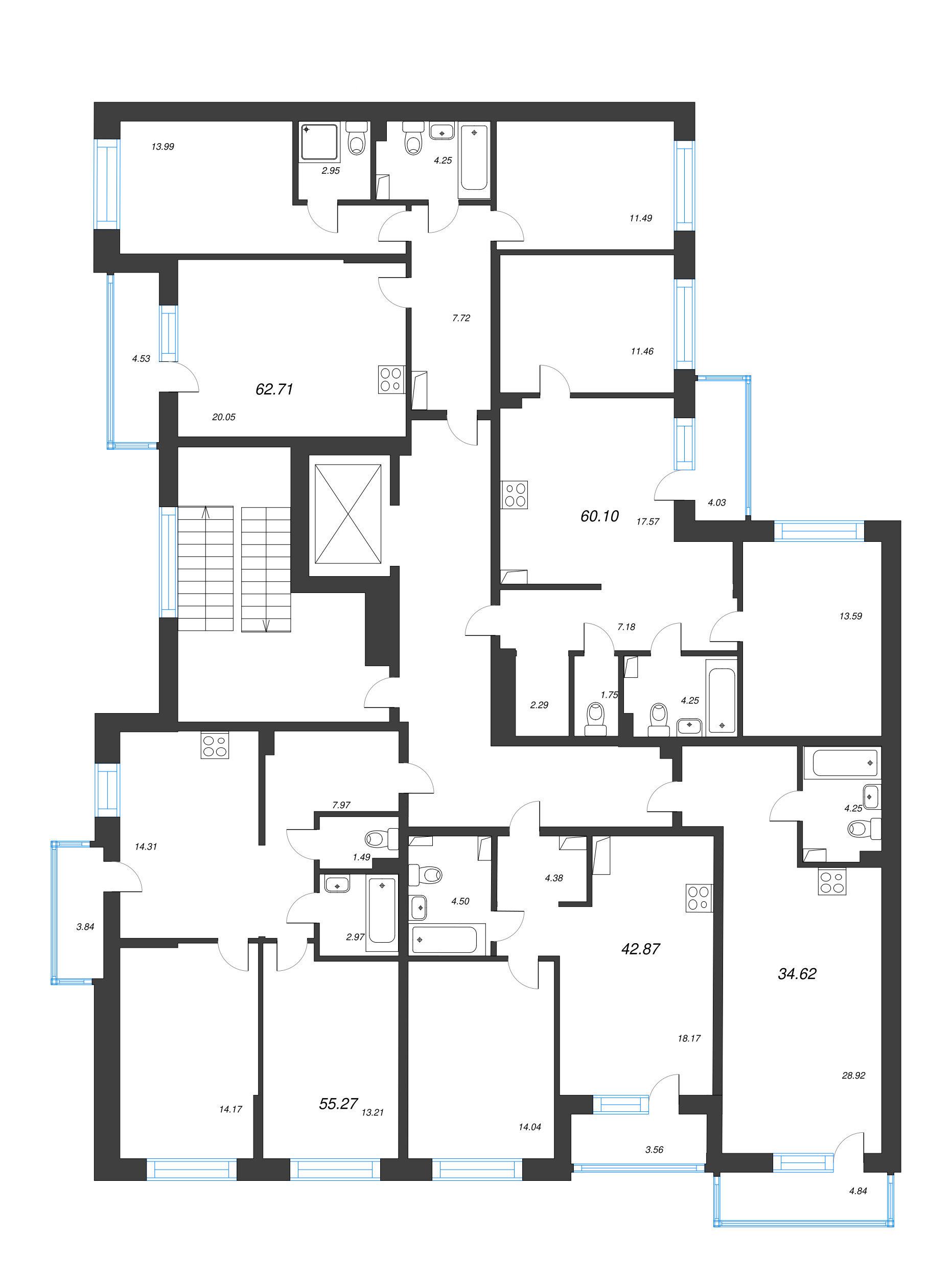 Квартира-студия, 34.62 м² в ЖК "Охтинские высоты" - планировка этажа
