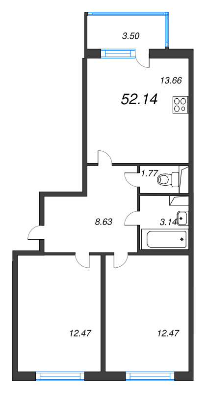 3-комнатная (Евро) квартира, 52.14 м² в ЖК "ЮгТаун" - планировка, фото №1