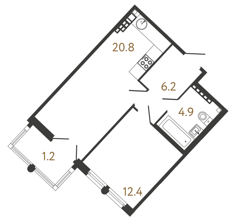 2-комнатная (Евро) квартира, 44.3 м² - планировка, фото №1