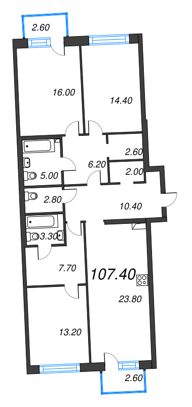 4-комнатная (Евро) квартира, 107.4 м² в ЖК "Цвет Зеленогорска" - планировка, фото №1